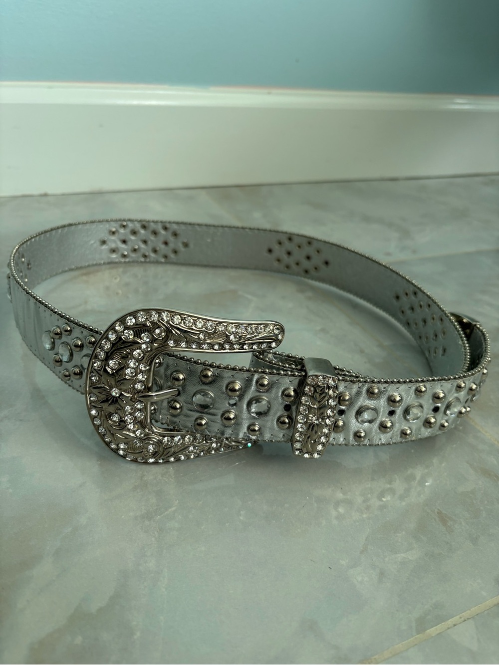 Rhinestone Studded Western Belt - Silver